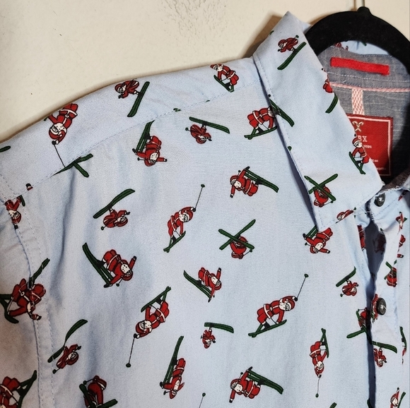 MBX skiing santa short sleeve button down shirt. Blue/Red. - Picture 2 of 16
